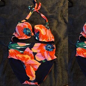 Aerie Navy/Red High-Waist Floral Print Bikini w/ Tie-Back Top